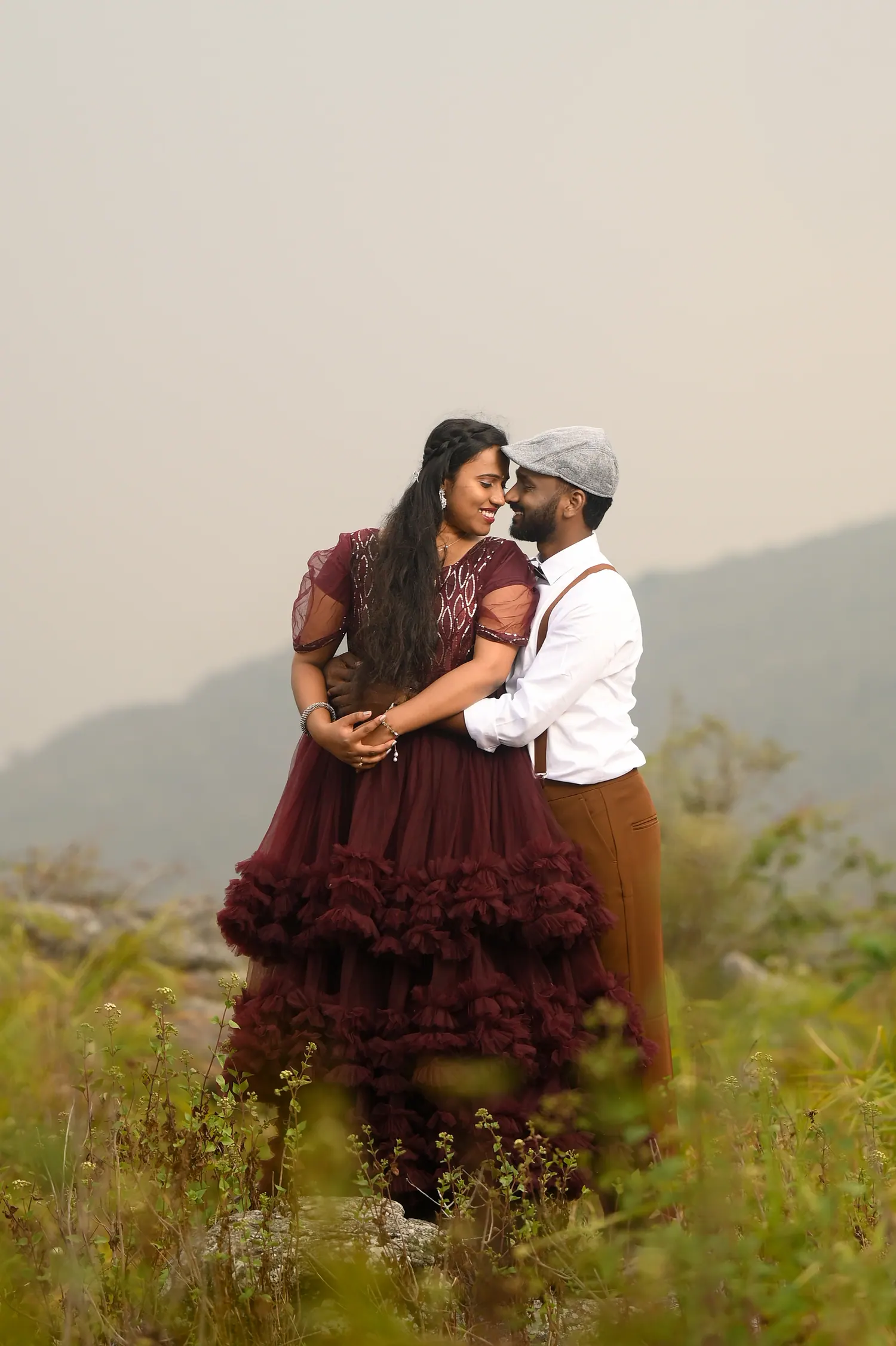 Pre-wedding couple portrait in soft hill light