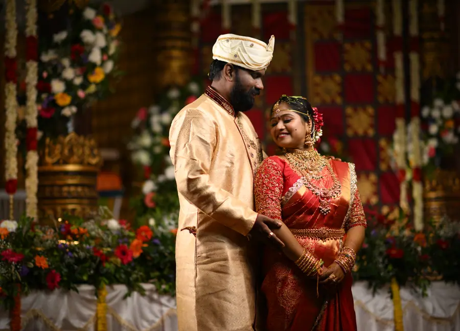 Bride and groom standing together during their wedding celebration